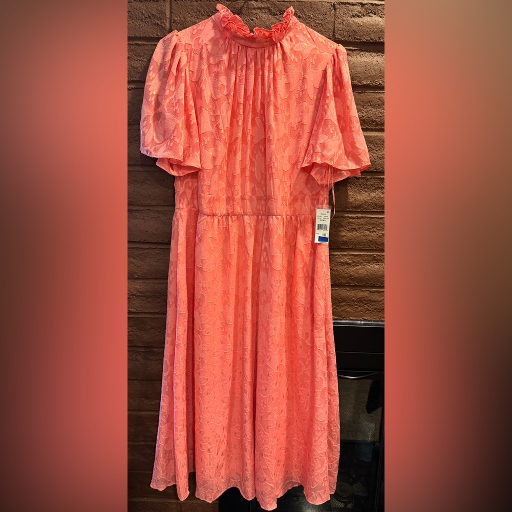 Maia Womens Midi Dress 18 Pink Gold Ruffled Bright Flutter Sleeve Feminine Fairy